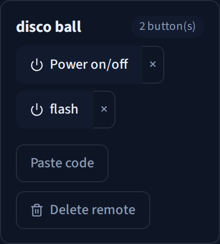 A remote named disco ball with Power on/off and flash buttons