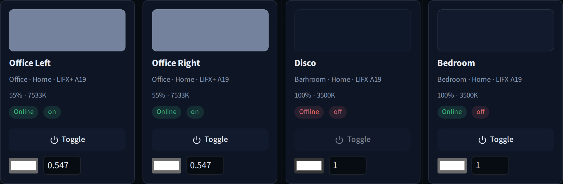 Four LIFX bulbs with colour swatches, power state, and a toggle