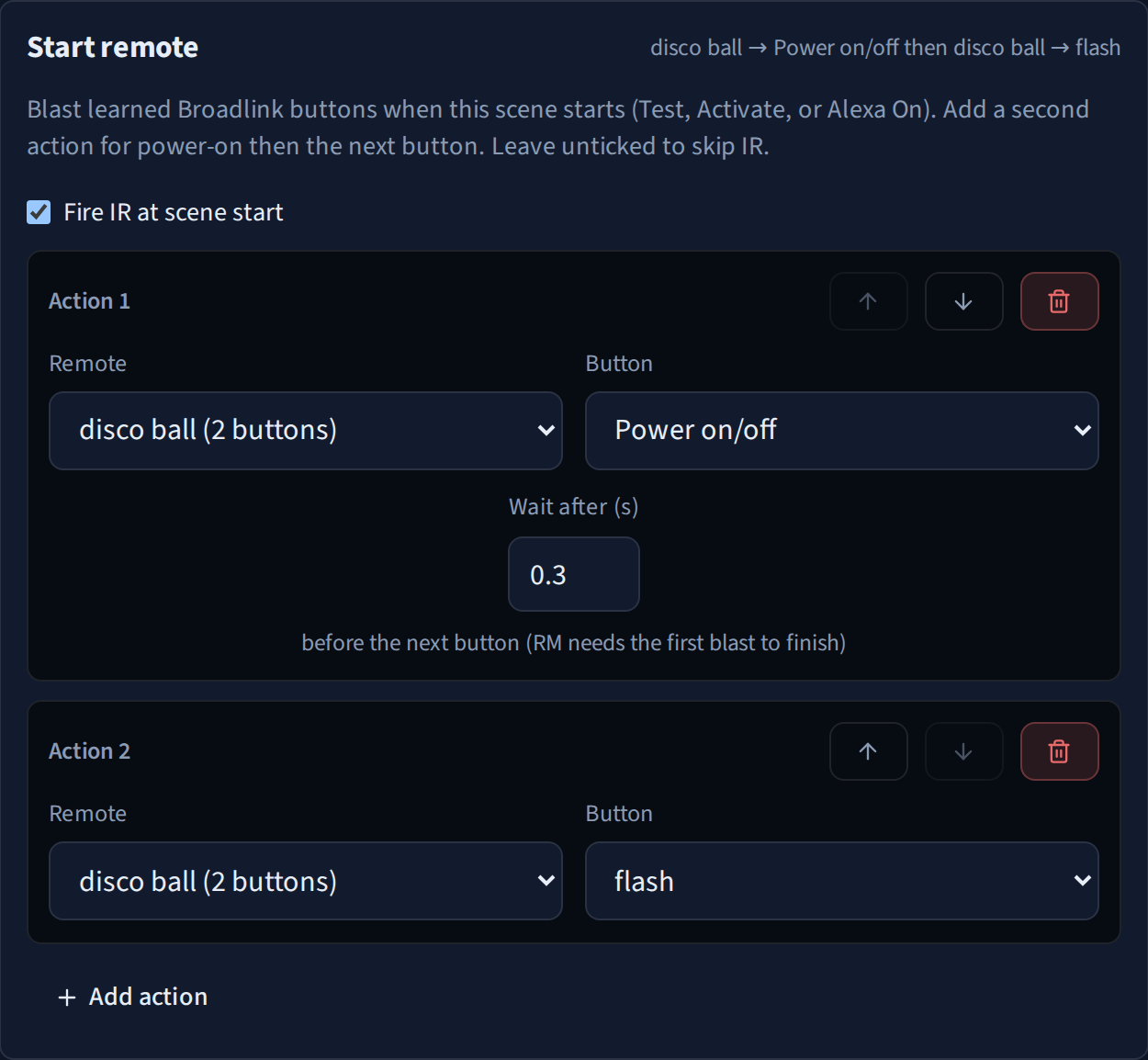 Scene start actions: disco ball power, a 0.3 second wait, then flash