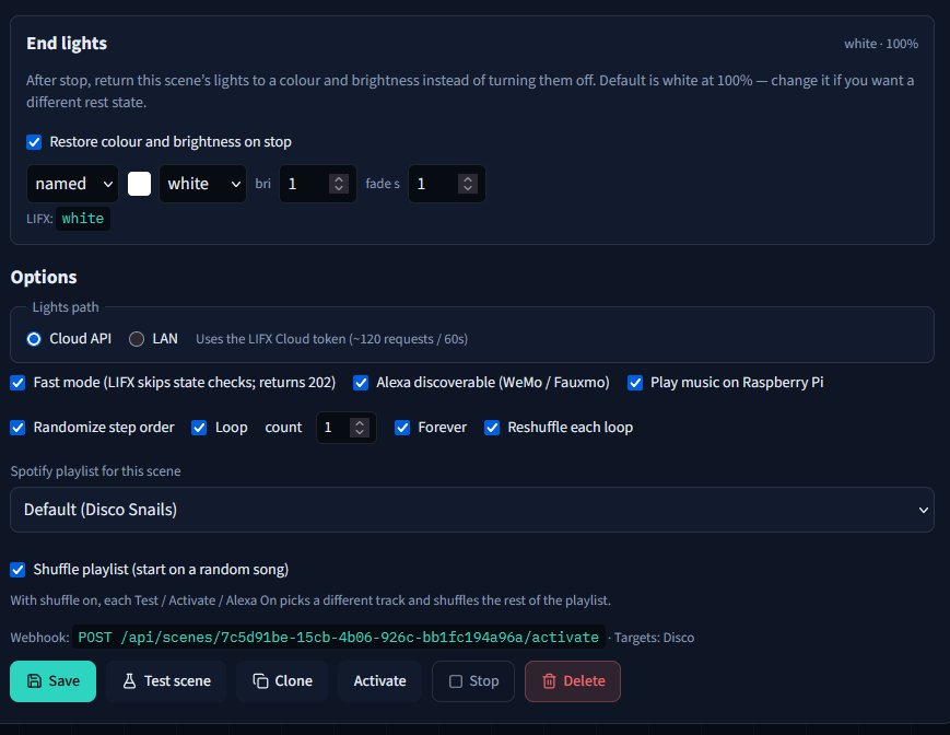 End colour set to white, cloud API, Alexa, playlist shuffle, and save