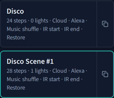 Two saved scenes, both marked Alexa, music shuffle, and IR